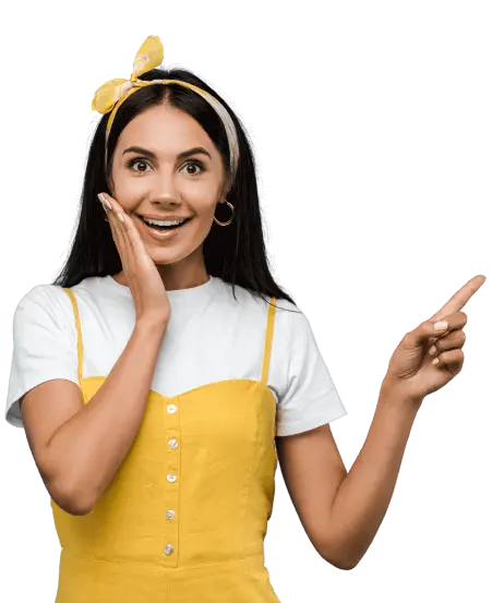 Excited young beatutiful woman wearing a yellow dress and a yellow ribbon on her dark hair, is pointing with her left hand's finger